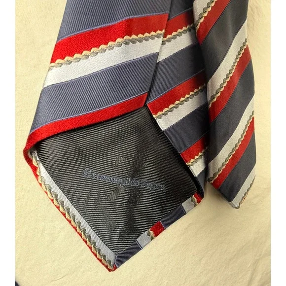 Ermenegildo Zegna Tie Navy Red Silver Silk Blend Striped Italy Luxury Classic